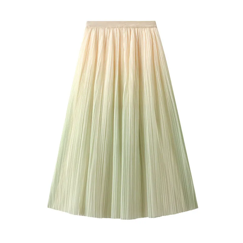 Elegant Gradient Color Pleated Long Skirt High Waist A-Line Skirt 741