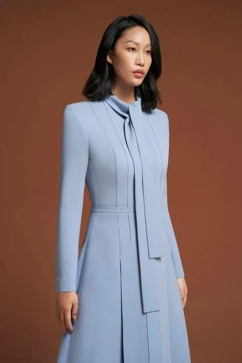 Elegant long pastel blue neck tie dress- Nina