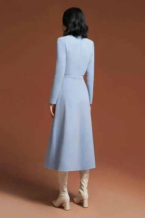 Elegant long pastel blue neck tie dress- Nina