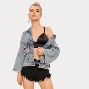 Embroidery Ripped Raw Hem Denim Jacket