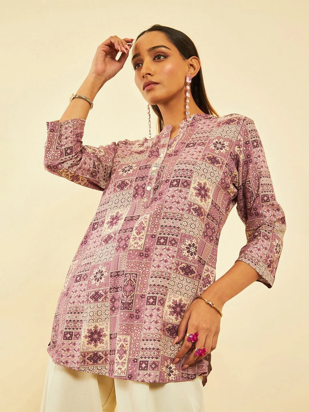 Ethnic Motifs Printed Mandarin Collar Tunic in Purple & Cream