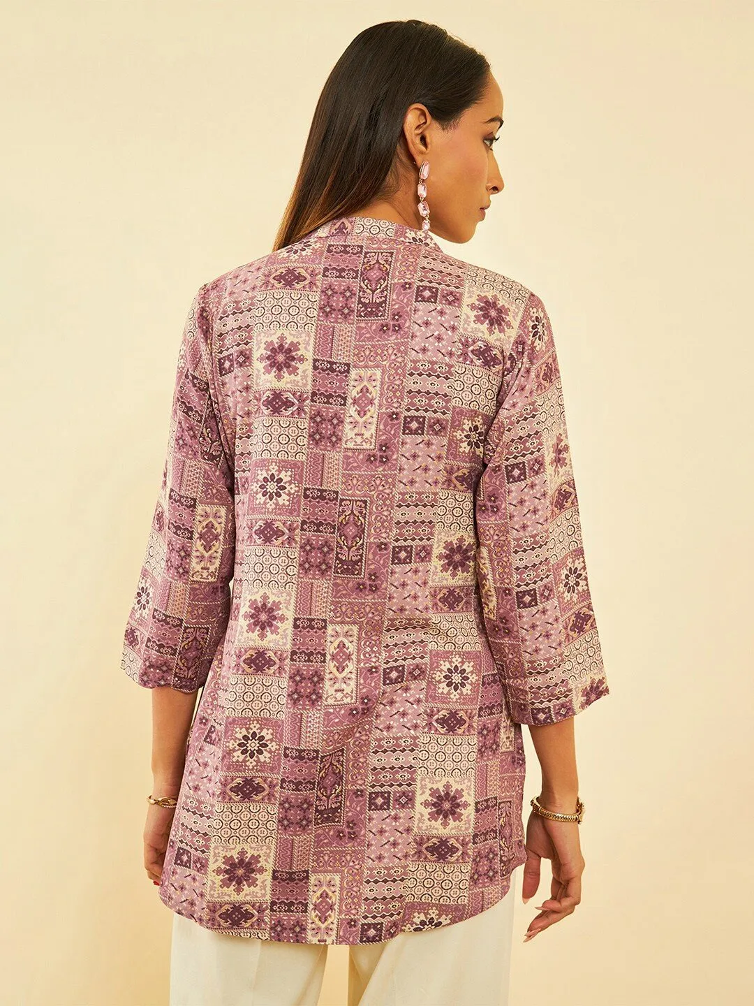 Ethnic Motifs Printed Mandarin Collar Tunic in Purple & Cream