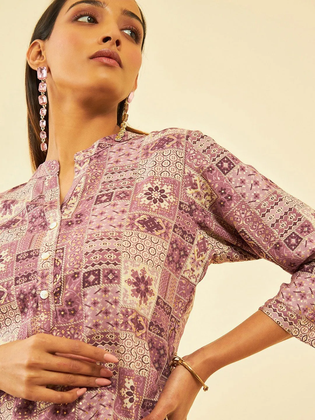 Ethnic Motifs Printed Mandarin Collar Tunic in Purple & Cream