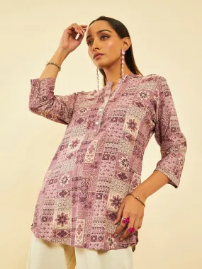 Ethnic Motifs Printed Mandarin Collar Tunic in Purple & Cream