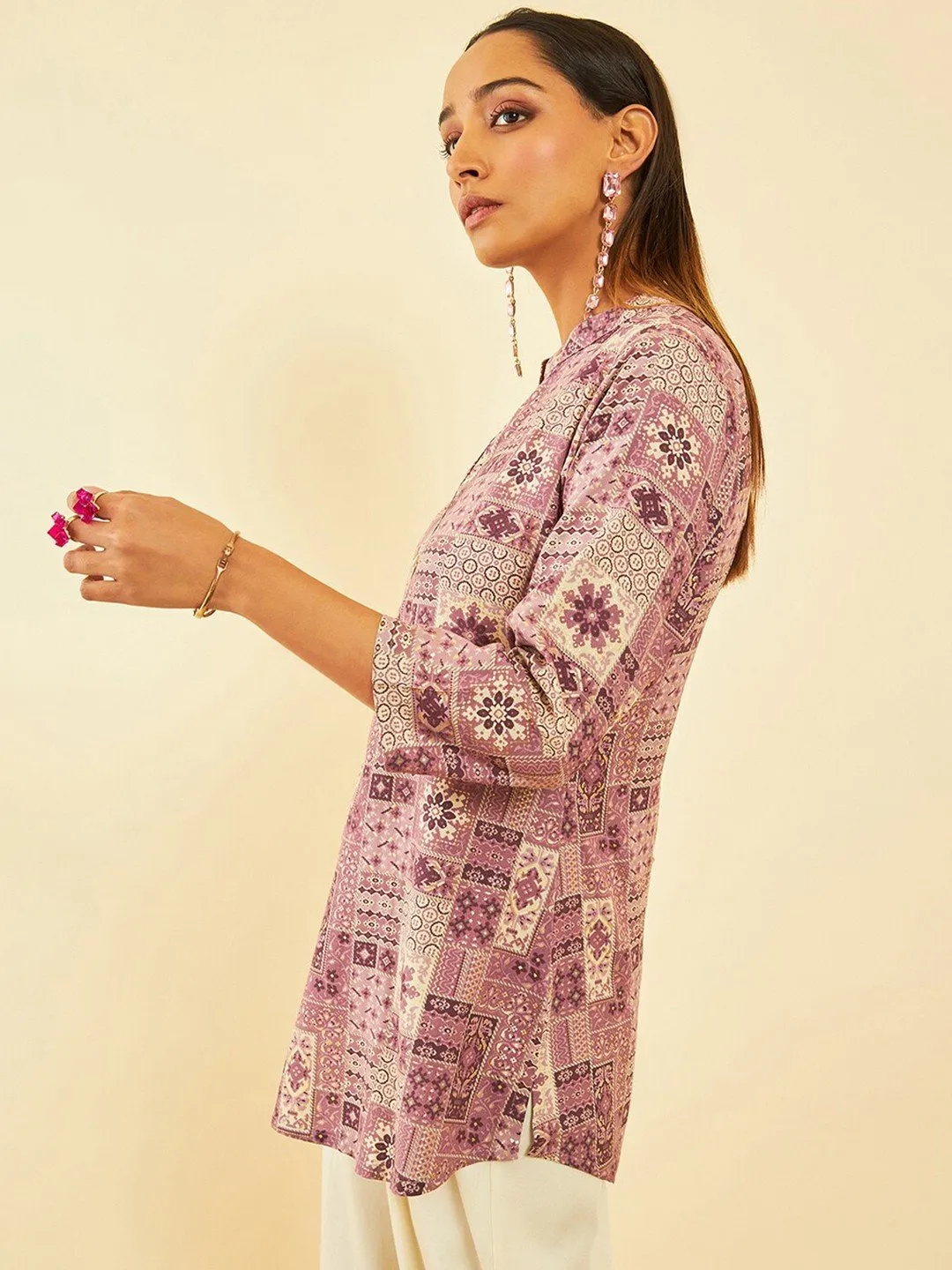 Ethnic Motifs Printed Mandarin Collar Tunic in Purple & Cream