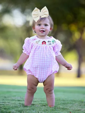 Farm Pink Smocking Embroidered Girls Romper