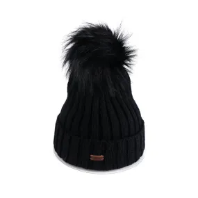 Faux Fur Aran Pom Pom Beanie - Black