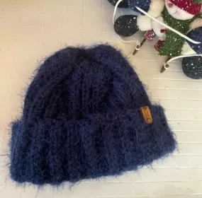 Fuzzy Soft Extra Warm Ribbed Cable Knit Hat Solid Dark Navy Blue Hand Crocheted Beanie 17.5" Winter Unisex Outdoor Stretch Adjustable Cuff