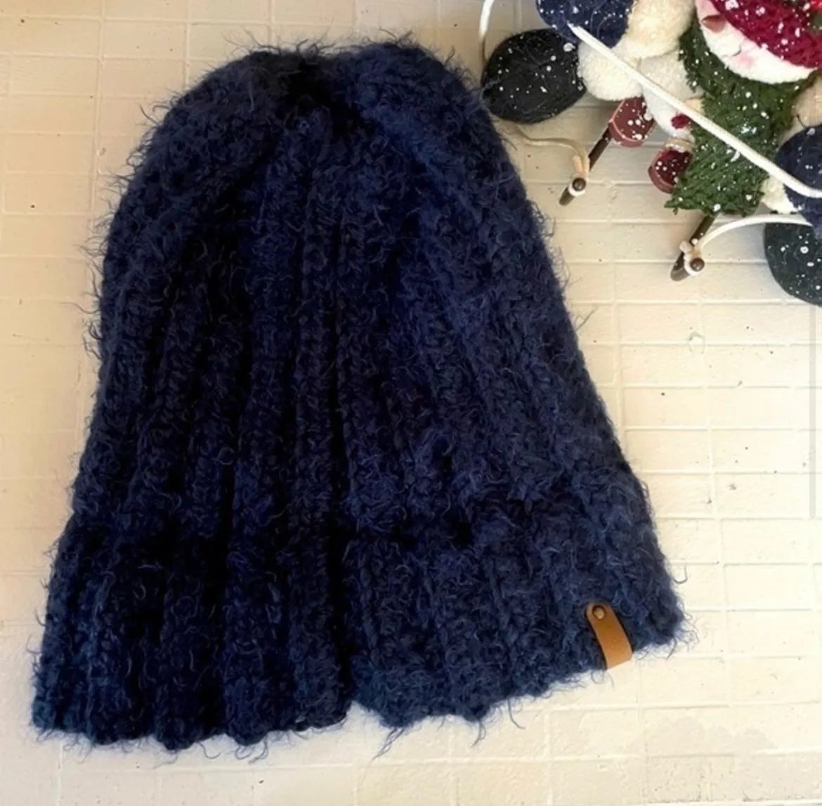 Fuzzy Soft Extra Warm Ribbed Cable Knit Hat Solid Dark Navy Blue Hand Crocheted Beanie 17.5" Winter Unisex Outdoor Stretch Adjustable Cuff