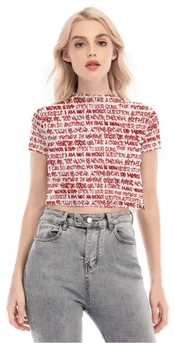 Graffiti Short Sleeve Mesh Crop Top, White & Red