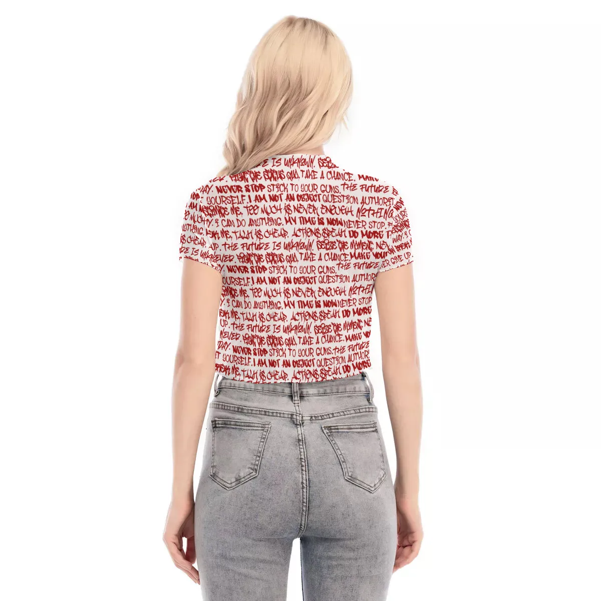 Graffiti Short Sleeve Mesh Crop Top, White & Red