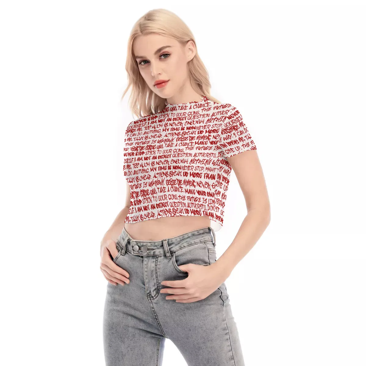 Graffiti Short Sleeve Mesh Crop Top, White & Red