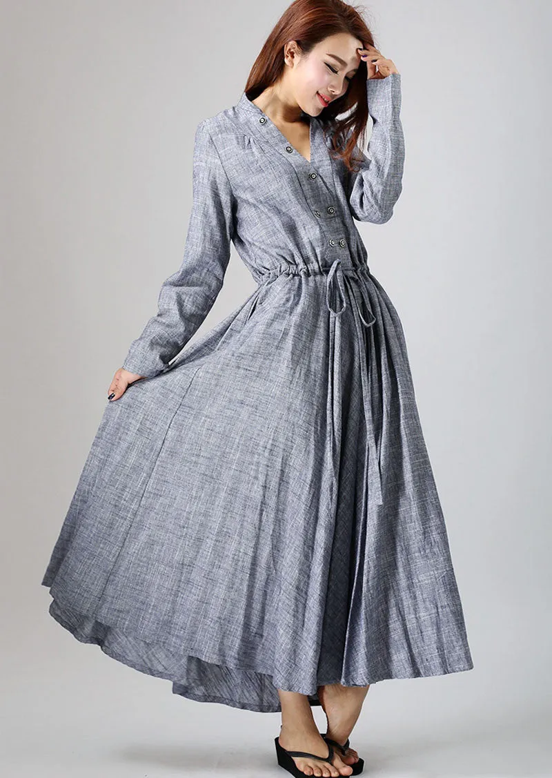 gray linen dress woman causal dress long sleeve dress custom made 0791#