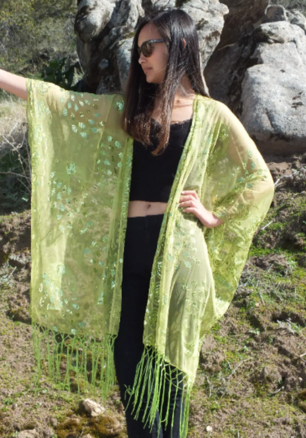 Green Sequin Peacocks Pattern Caftan Kimono Top One Size