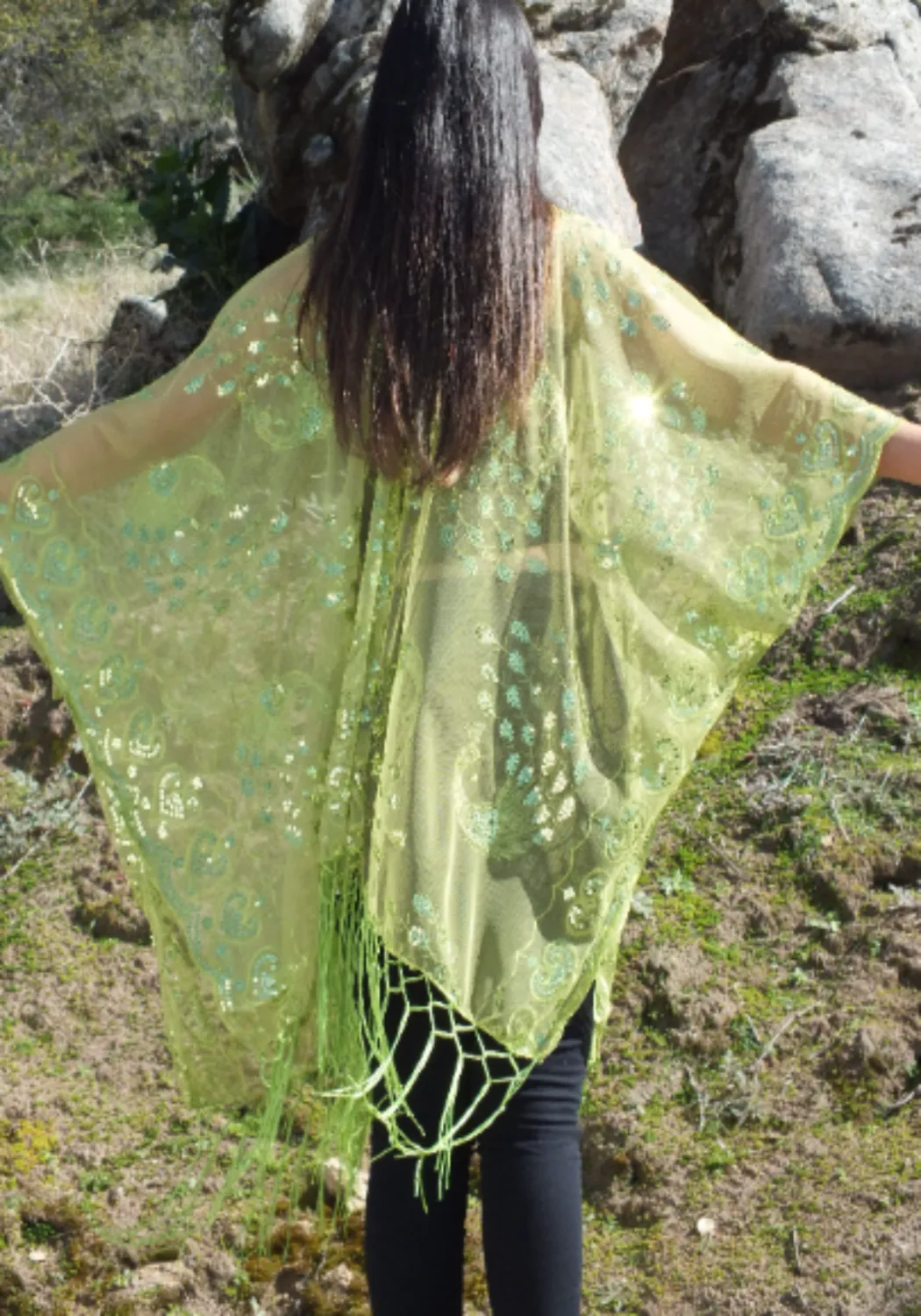 Green Sequin Peacocks Pattern Caftan Kimono Top One Size