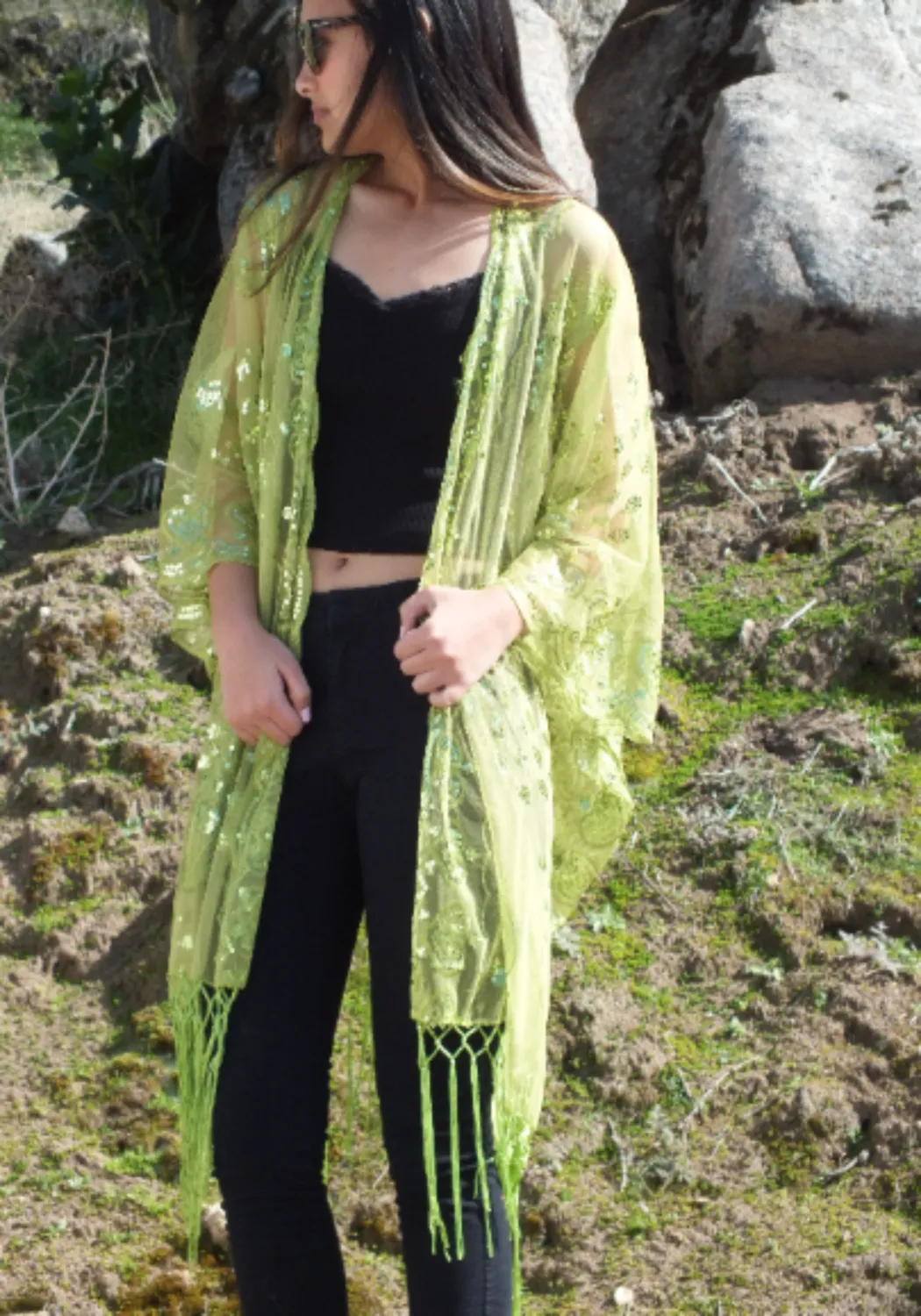 Green Sequin Peacocks Pattern Caftan Kimono Top One Size