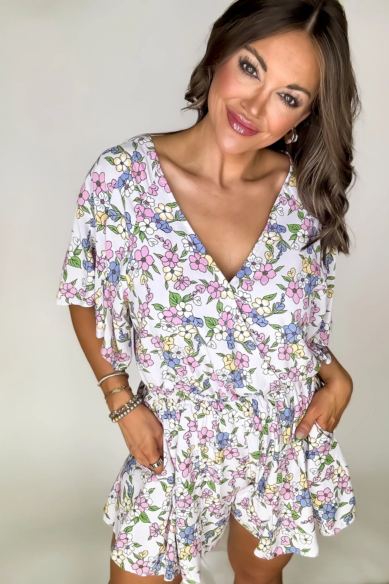 Happy Flower Print Ruffled Wrap Style Romper