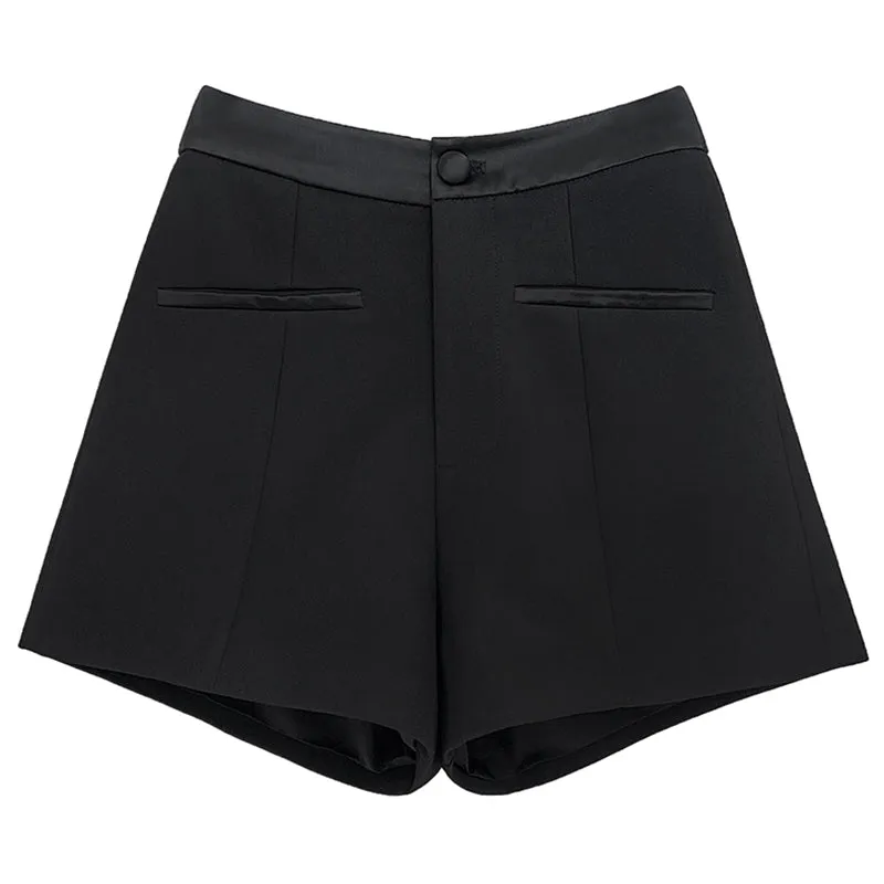 High end new casual black high waist A-line shorts -wonio