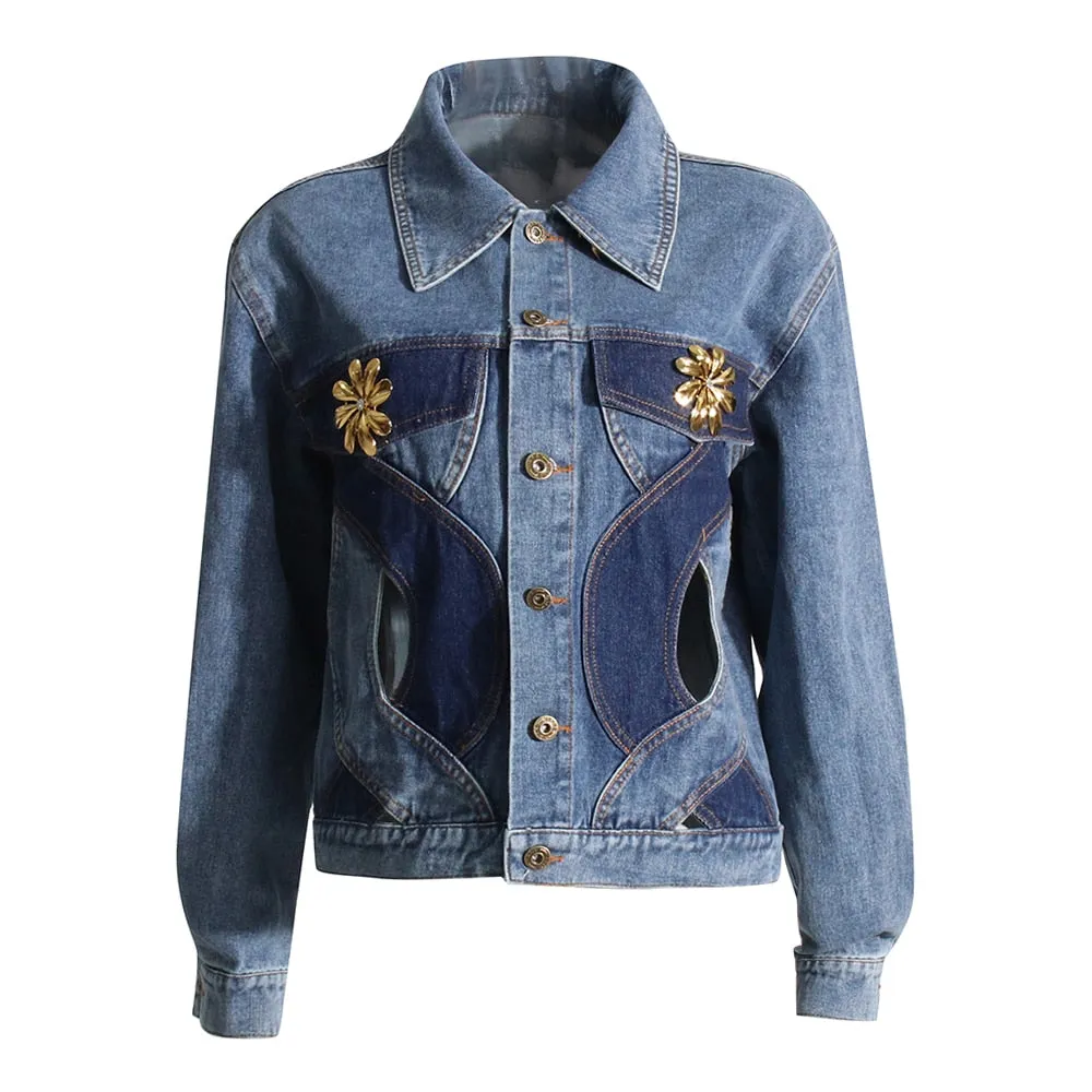 Hollow Out Denim Jackets For Women Lapel Long Sleeve Patchwork Single Breasted Jacket Female Fashion Clothing