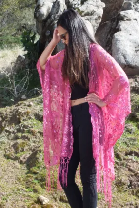 Hot Pink Sequin Embroidered Peacock Pattern Caftan Kimono Top One Size