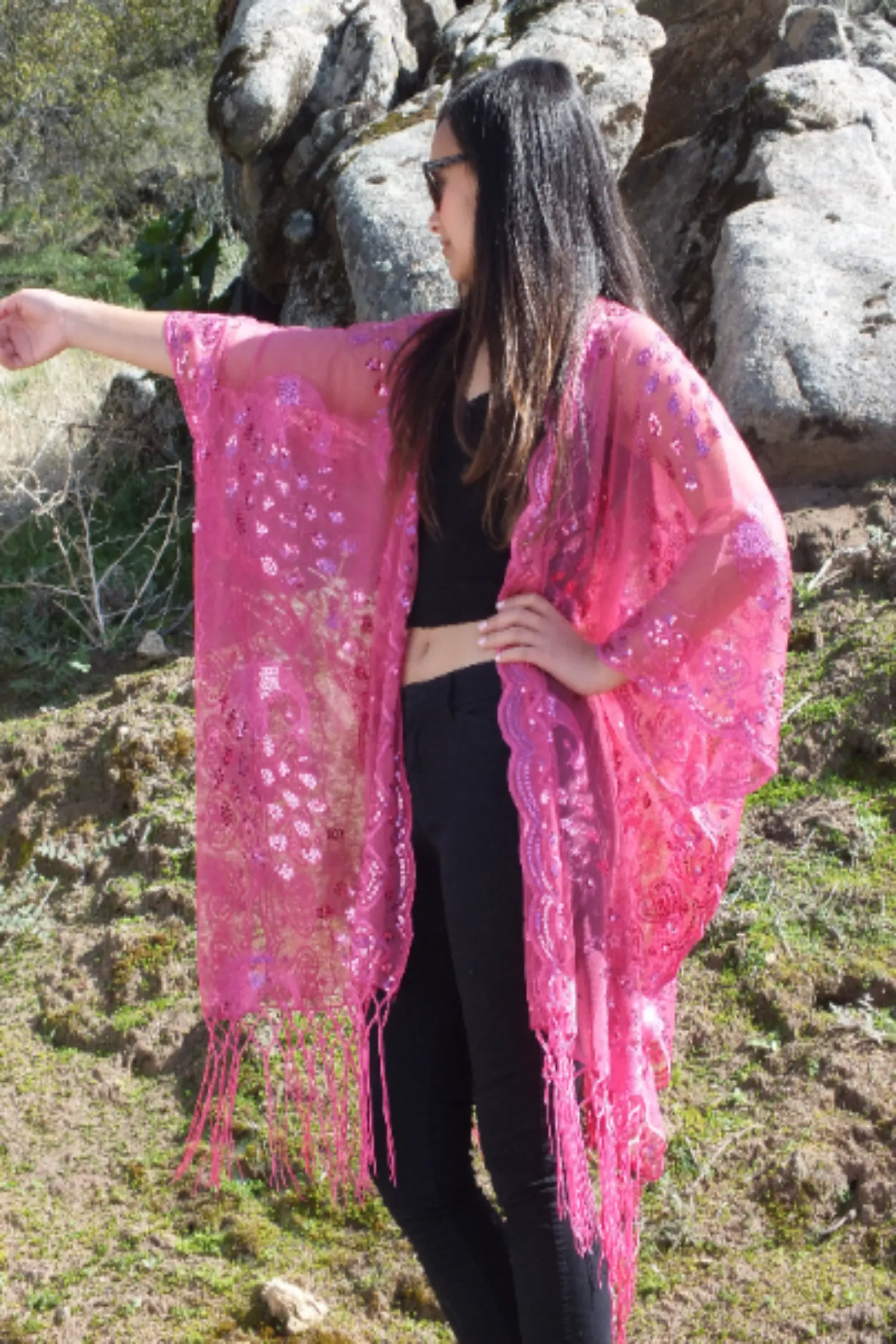 Hot Pink Sequin Embroidered Peacock Pattern Caftan Kimono Top One Size