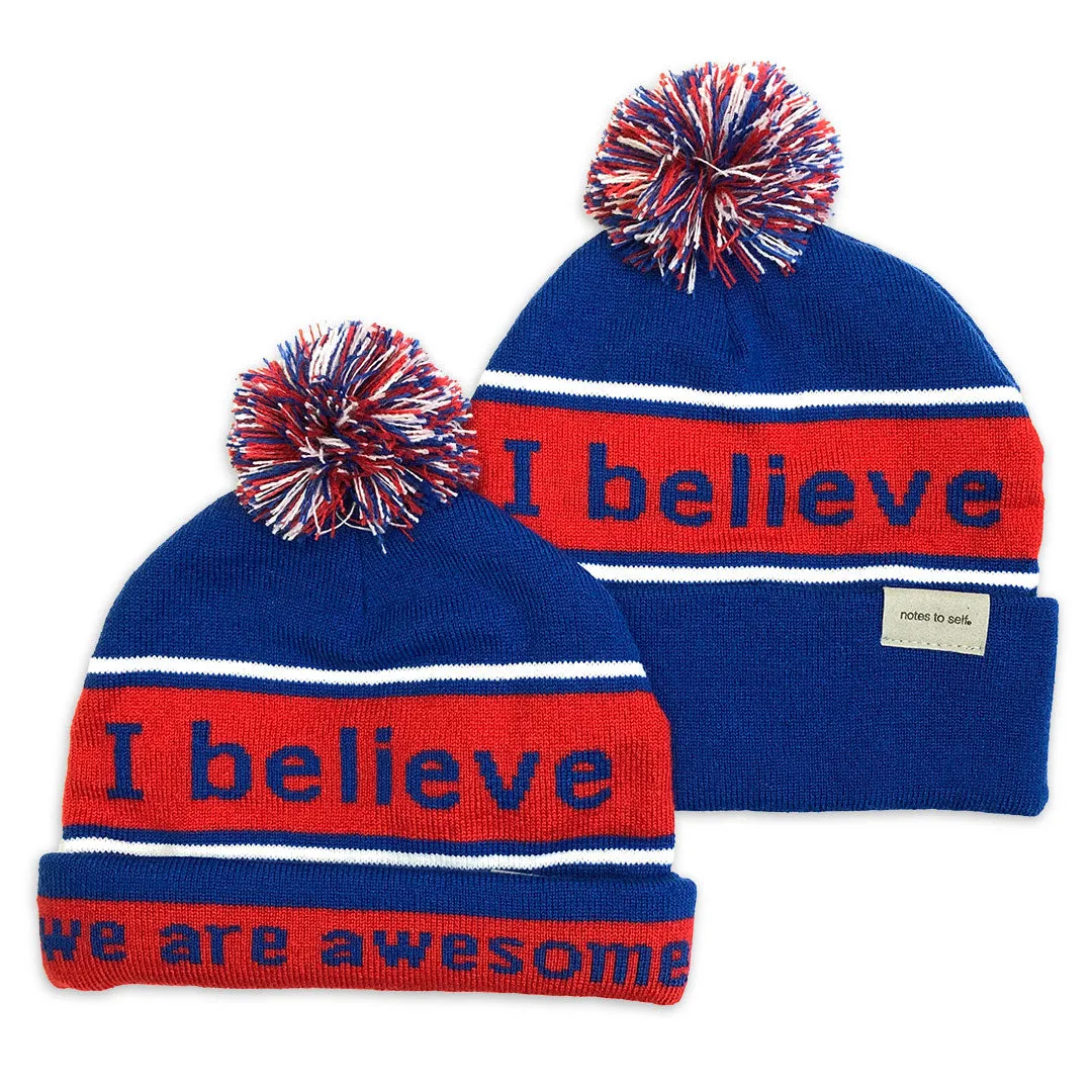 I believe™ blue & red knit beanie with We are awesome™ on inside cuff