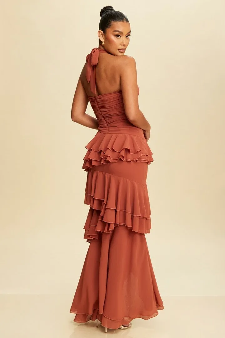 Jayla Twisted Ruffle Ariella Wine Maxi Dress - Rust