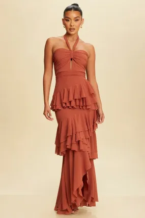 Jayla Twisted Ruffle Ariella Wine Maxi Dress - Rust