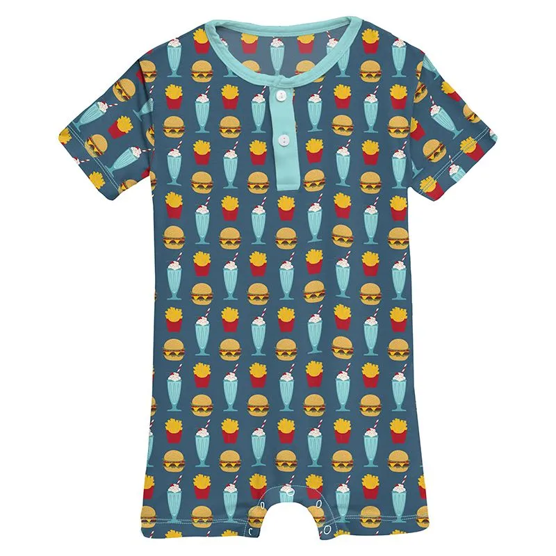 Kickee Pants Print Short Sleeve Henley Romper - Deep Sea Cheeseburger