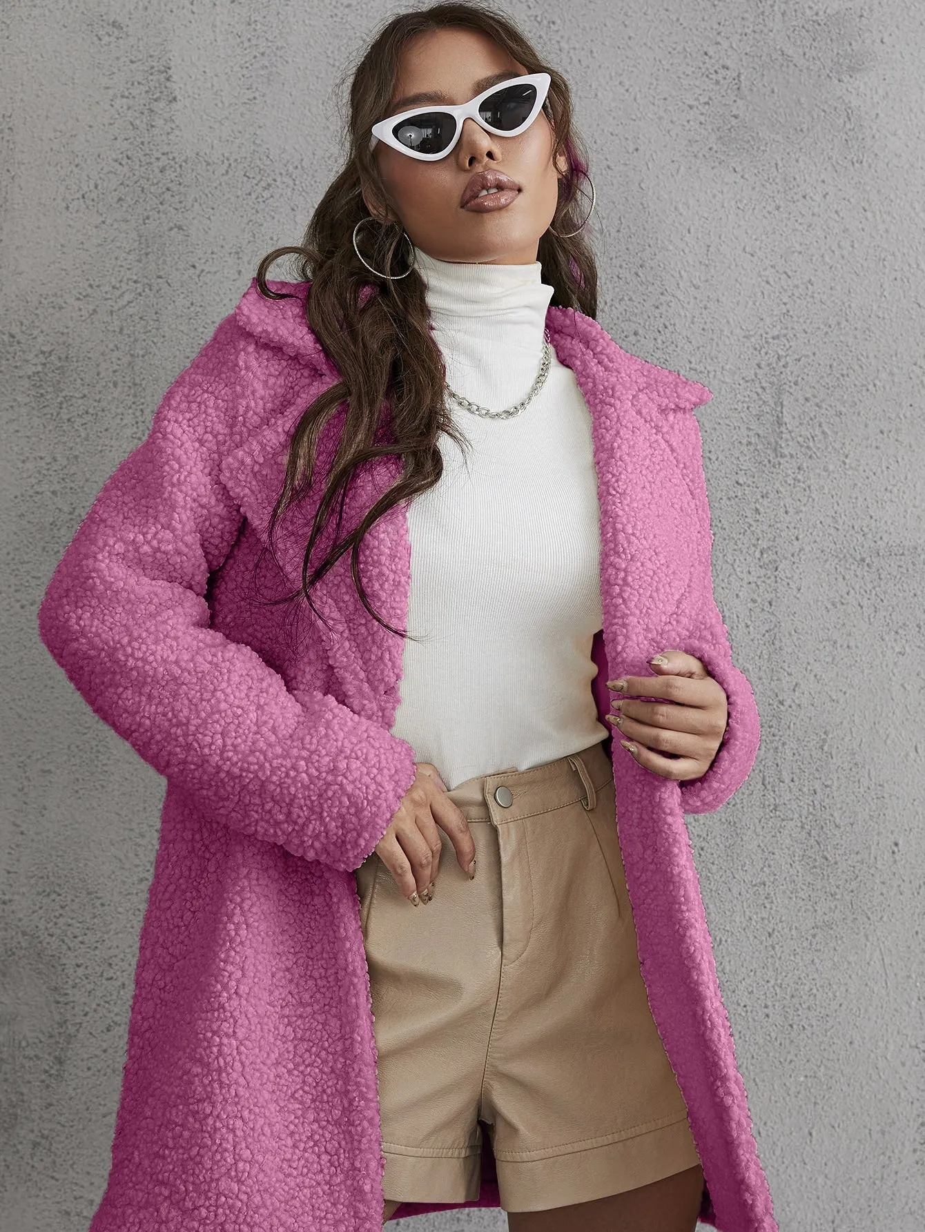 Lapel Collar Button Front Teddy Coat