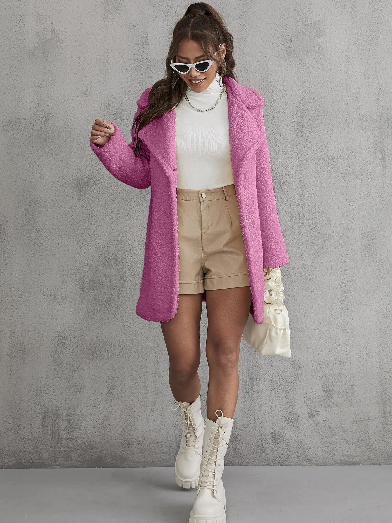 Lapel Collar Button Front Teddy Coat