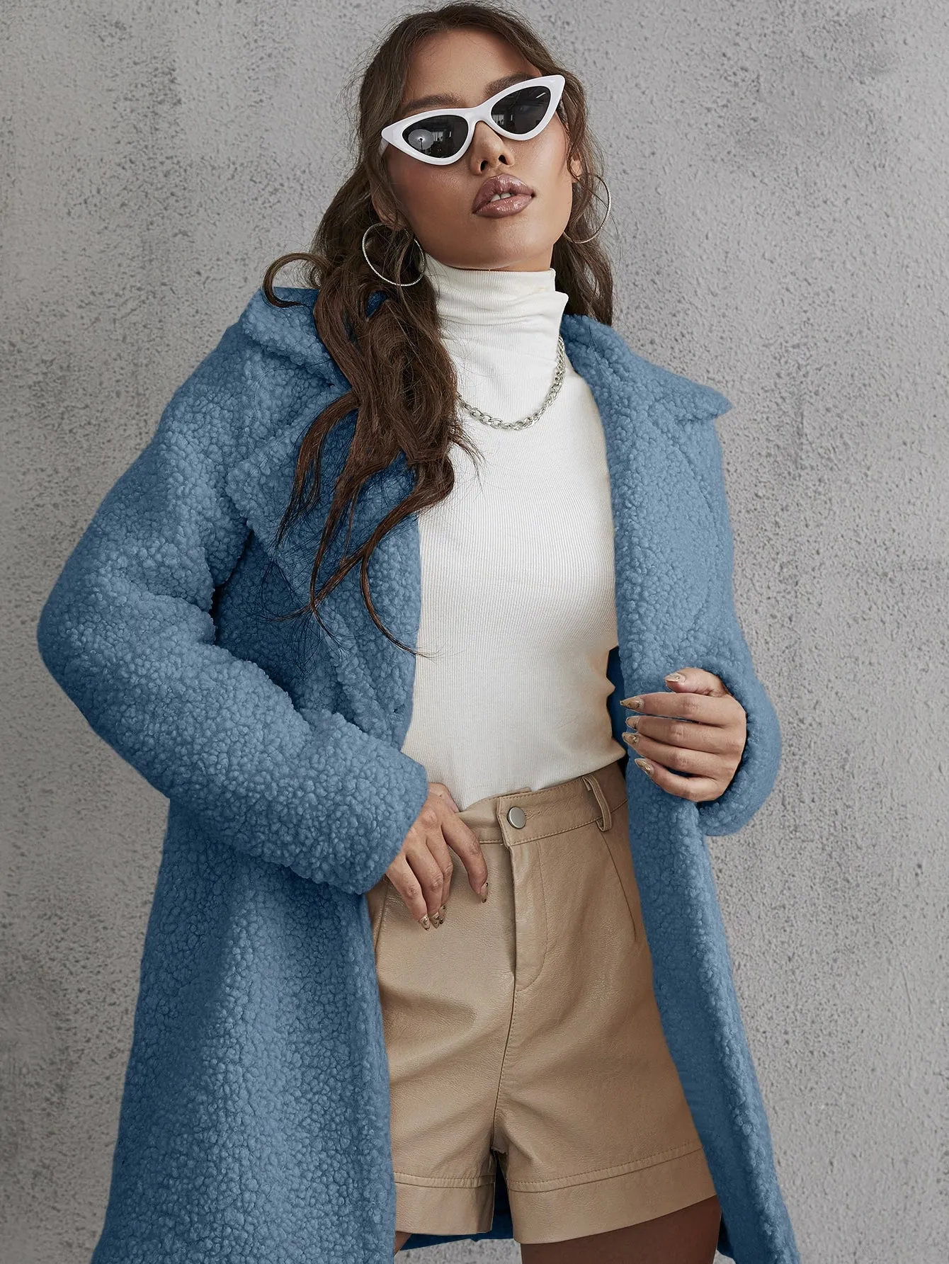 Lapel Collar Button Front Teddy Coat