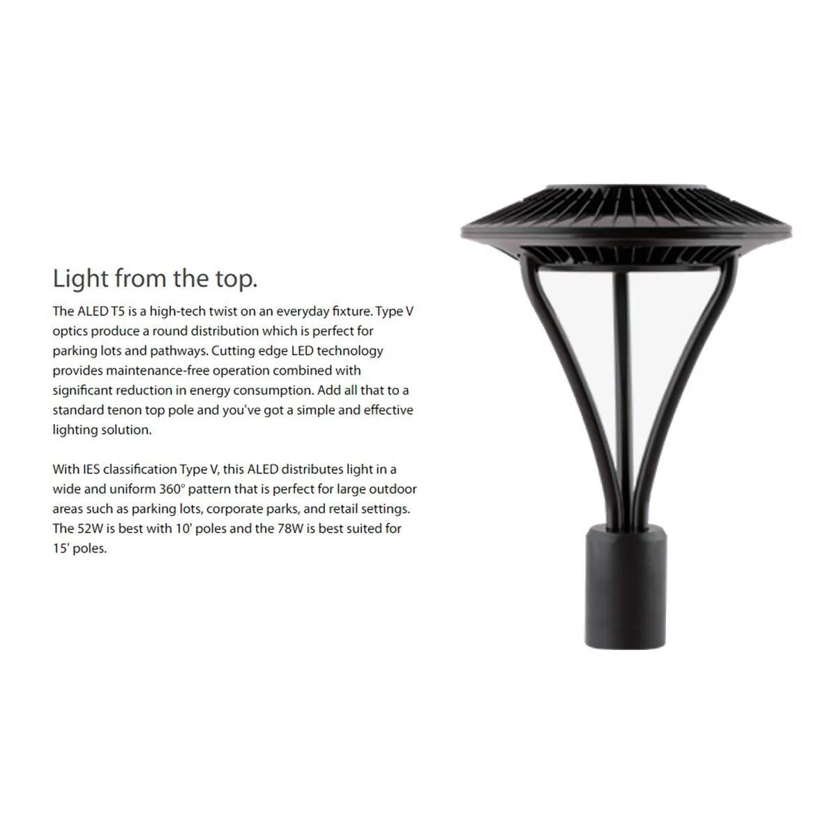 LED Post Top Light, 52 Watts, 7000 Lumens, 4000K, Post Top Mount, 120-277V, Bronze