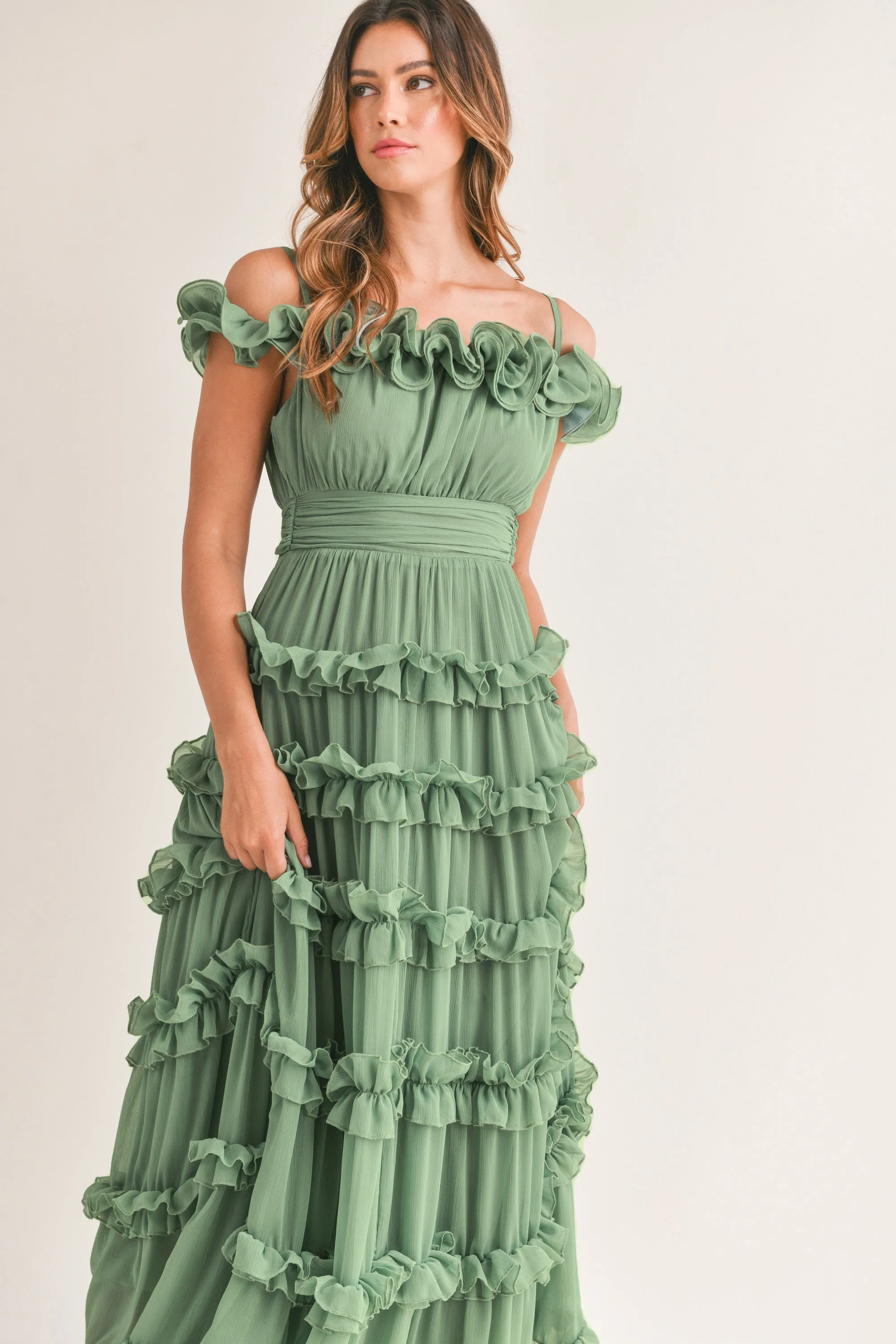 Leia Green Ruffled Floor Length Dress