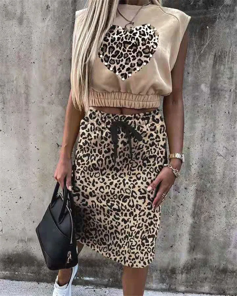 Leopard Print Sleeveless Top and Skirt