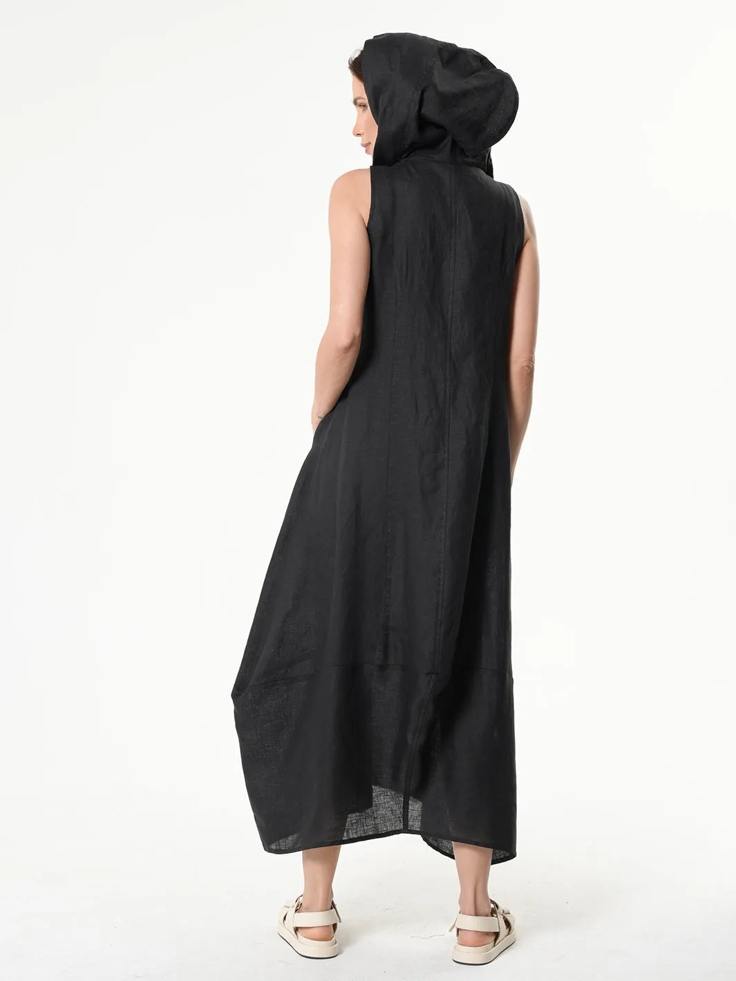 Linen Hooded Dress In Black