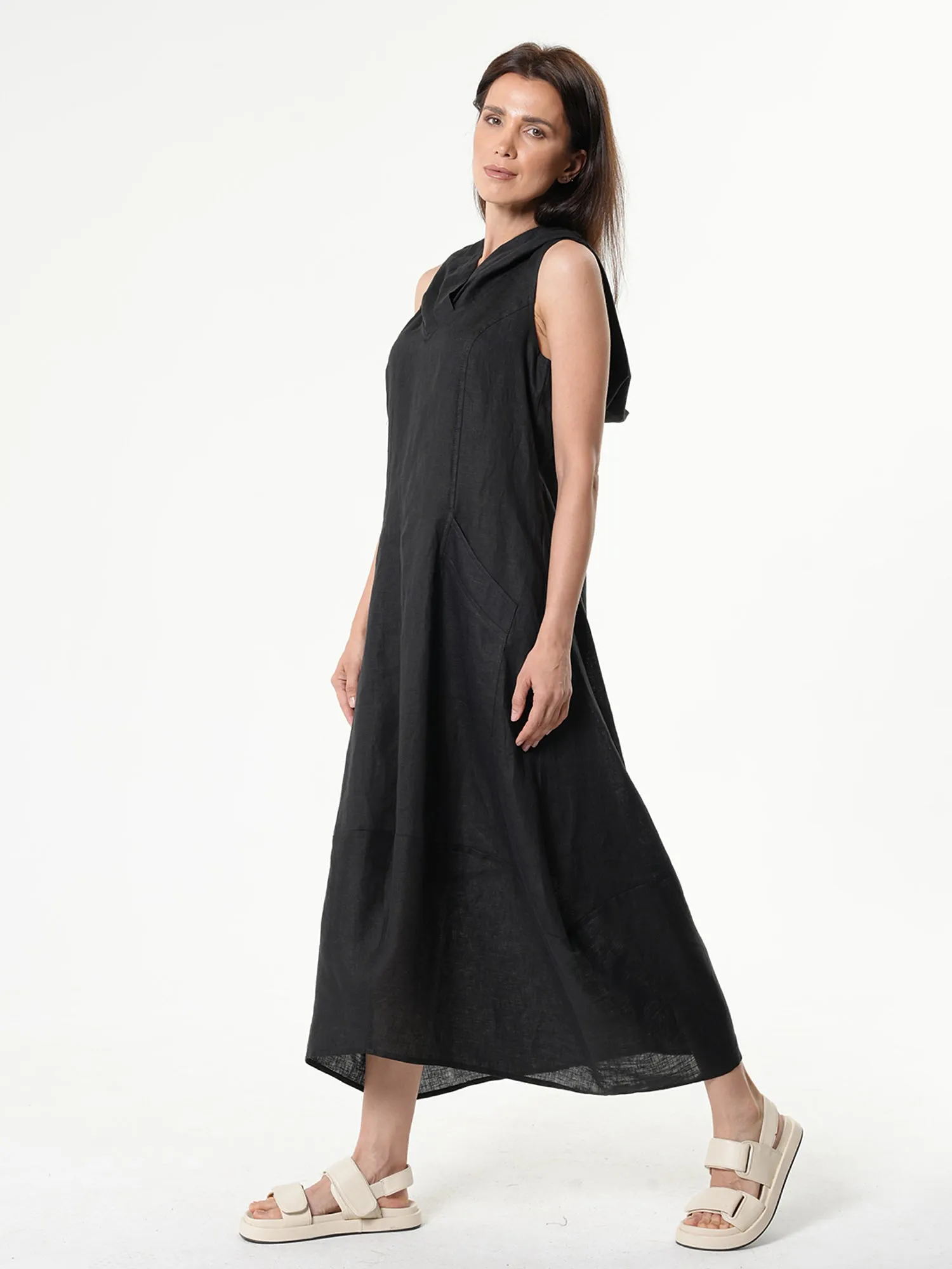 Linen Hooded Dress In Black