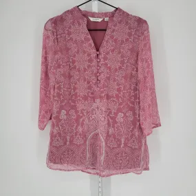 Liz Claiborne Womens Sz XXS 3/4 Sleeve Tunic Blouse Pink White Floral Print