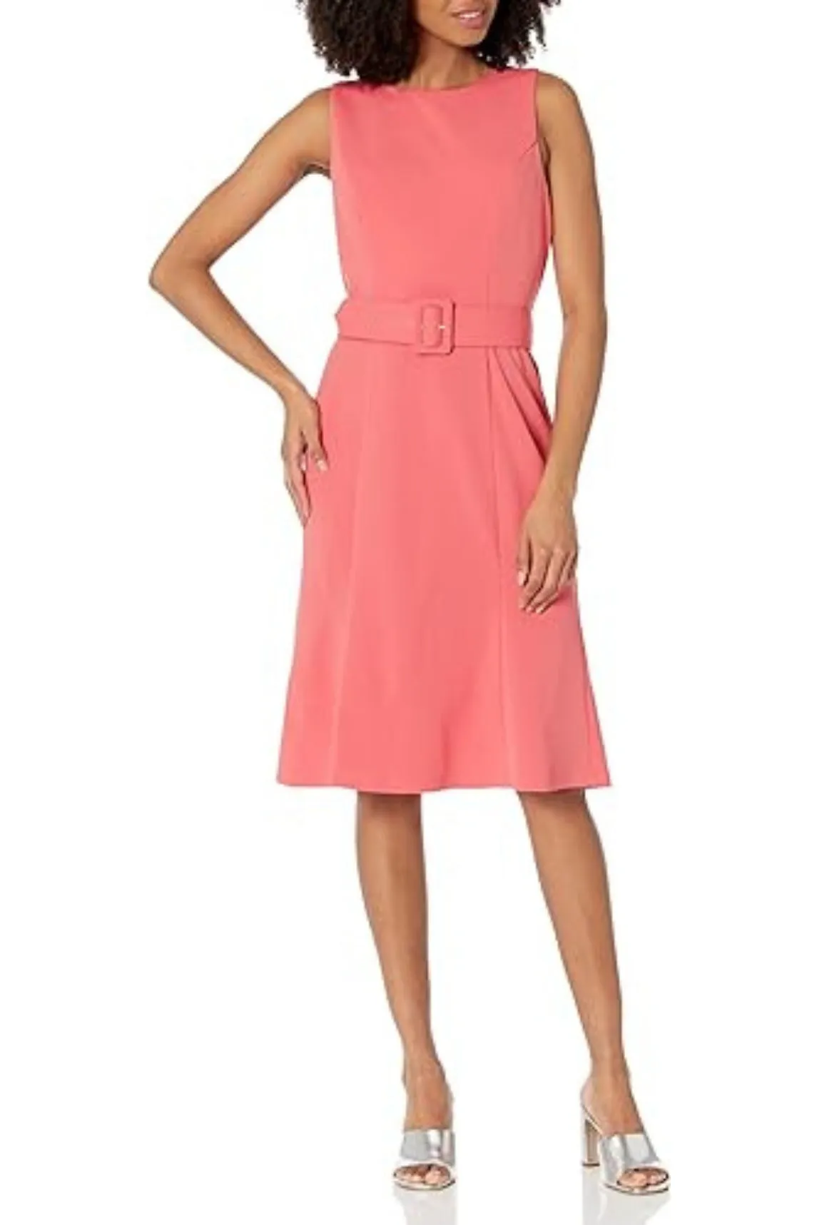 London Times Sleeveless Fluted Sheath Dress with Belt