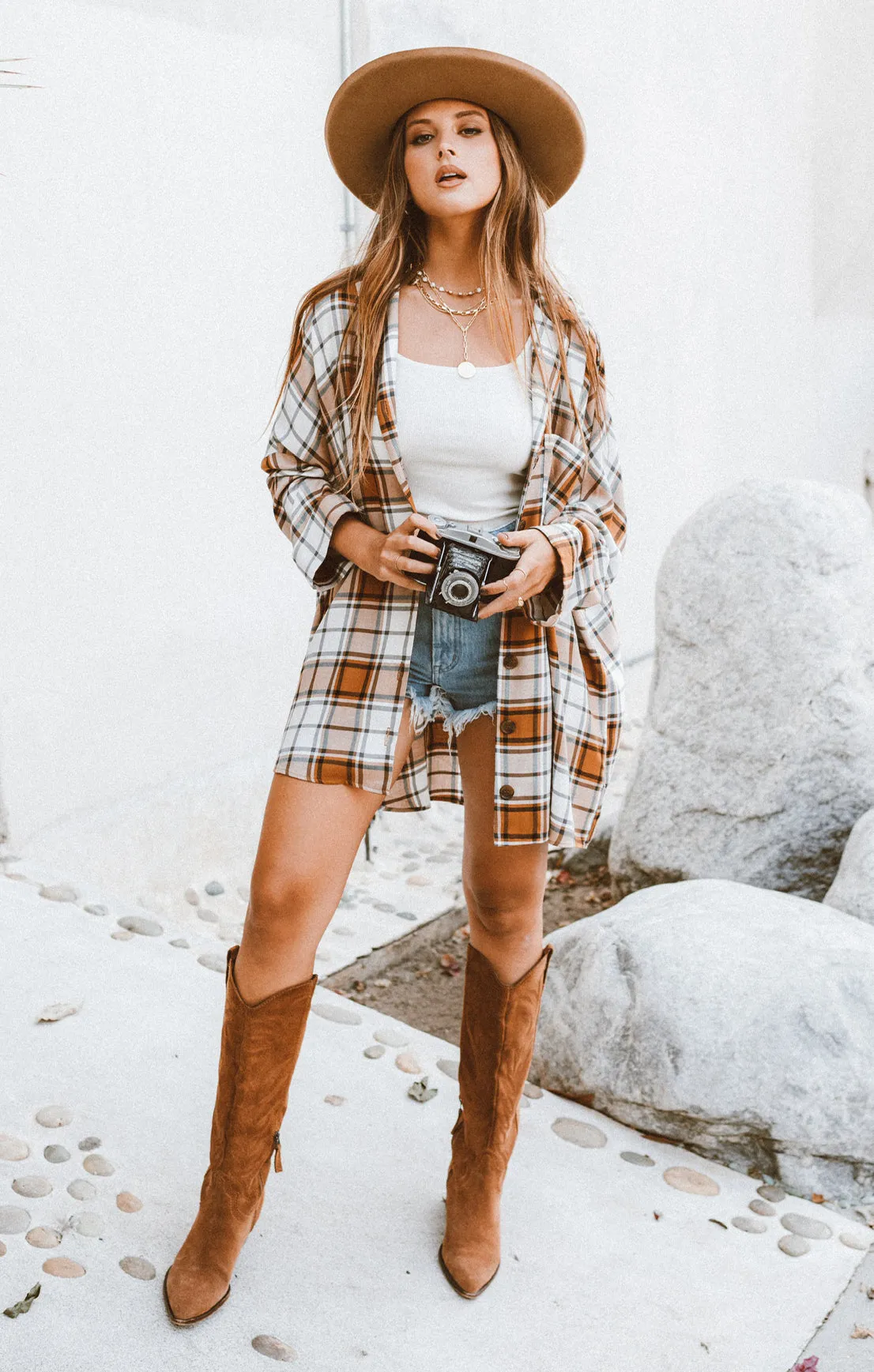 Lorolie Tunic ~ Tan Plaid