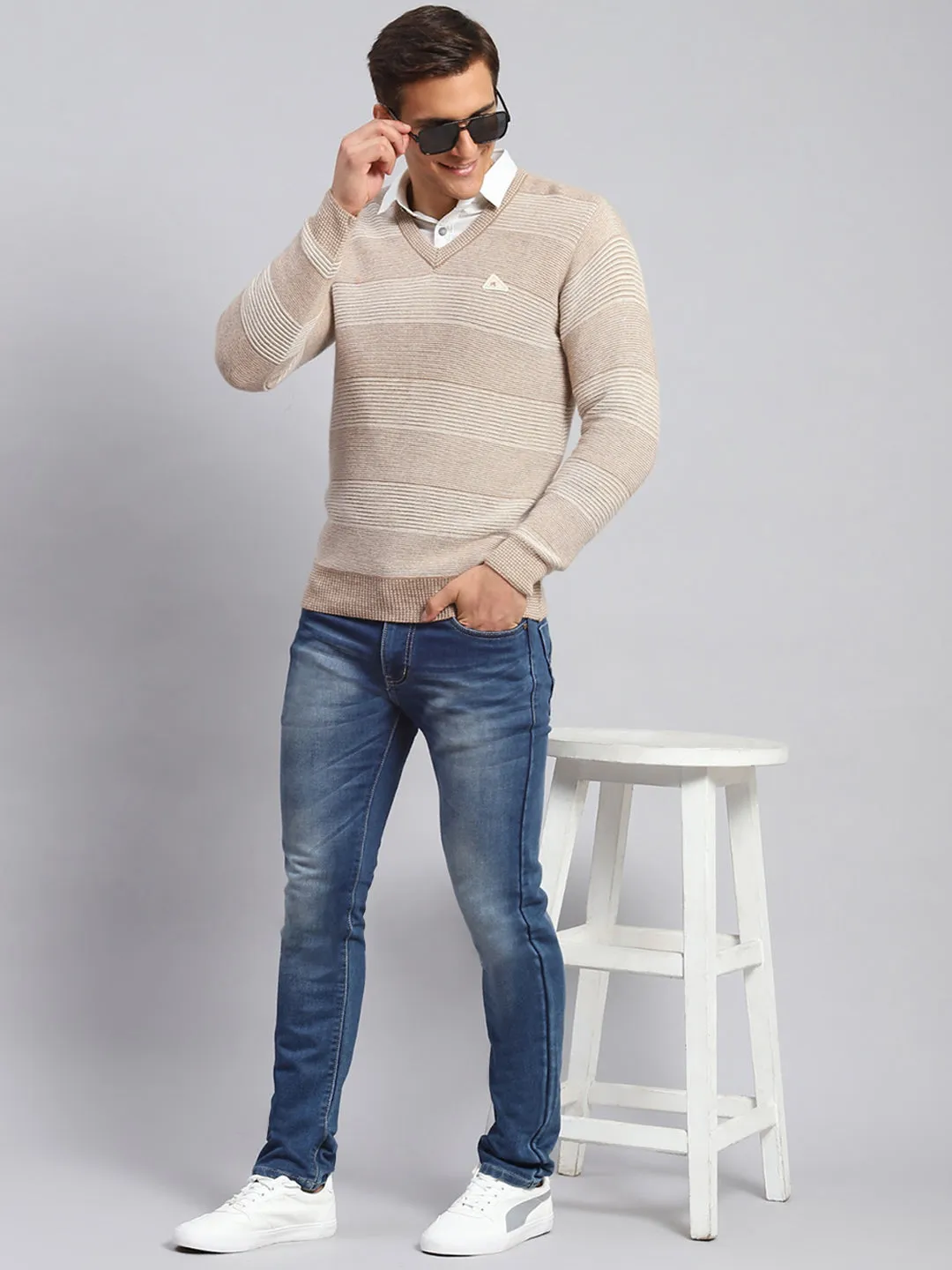 Men Beige Jaquard Lamb wool Pullover