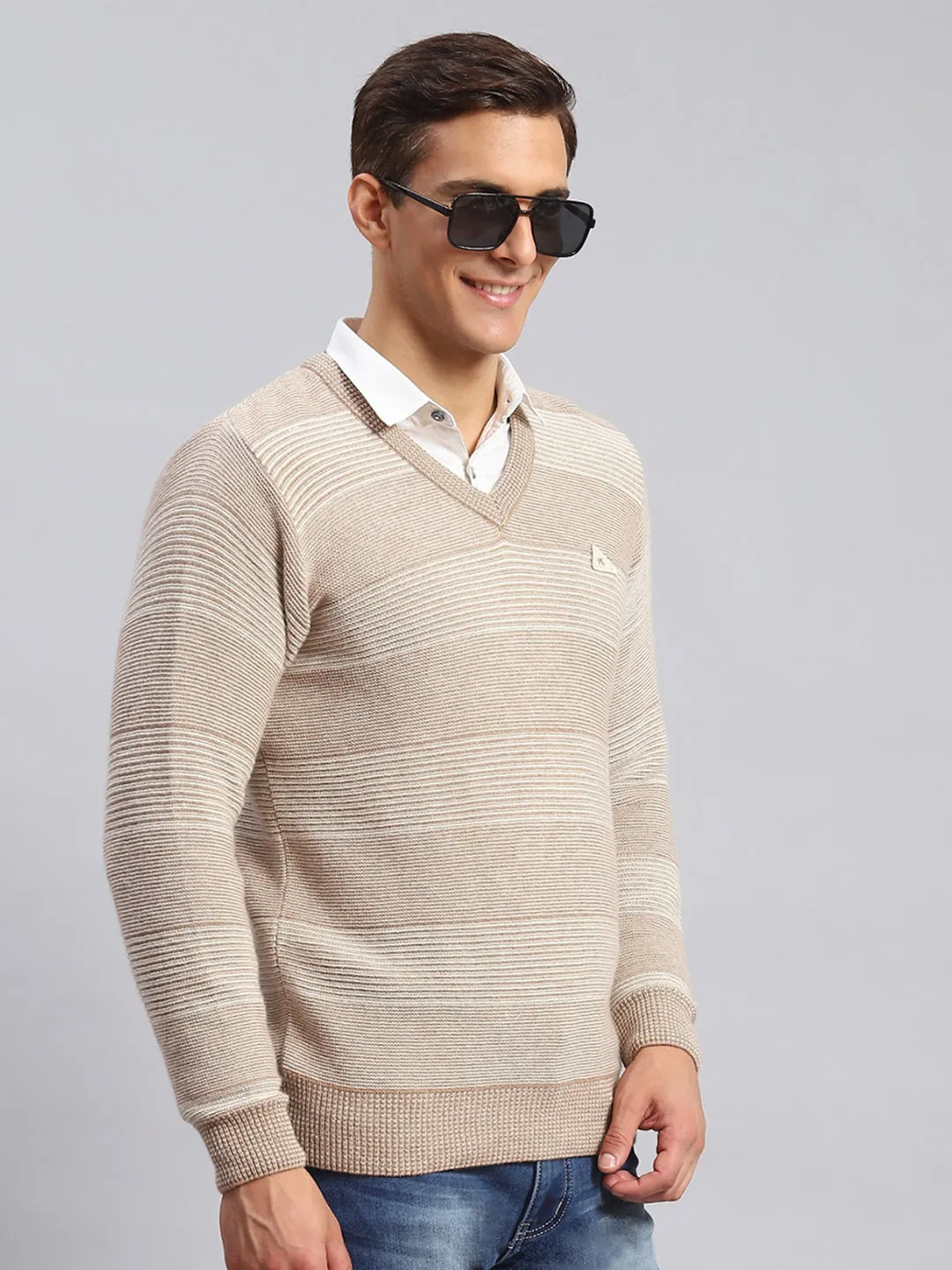 Men Beige Jaquard Lamb wool Pullover