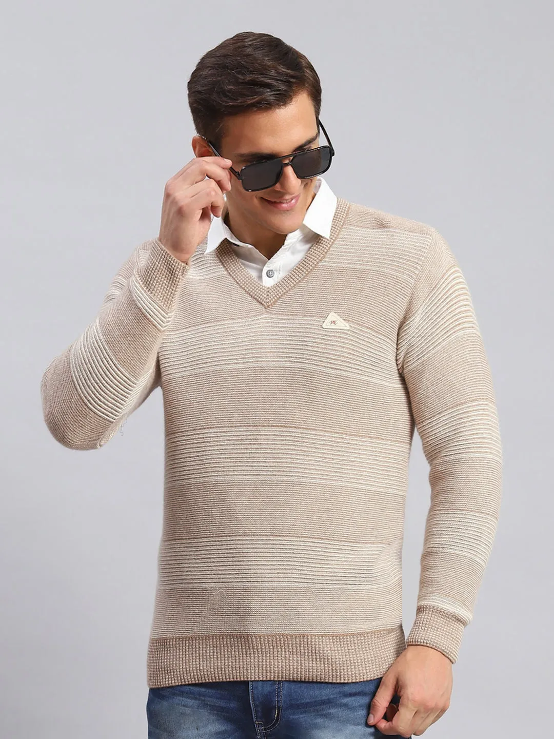 Men Beige Jaquard Lamb wool Pullover