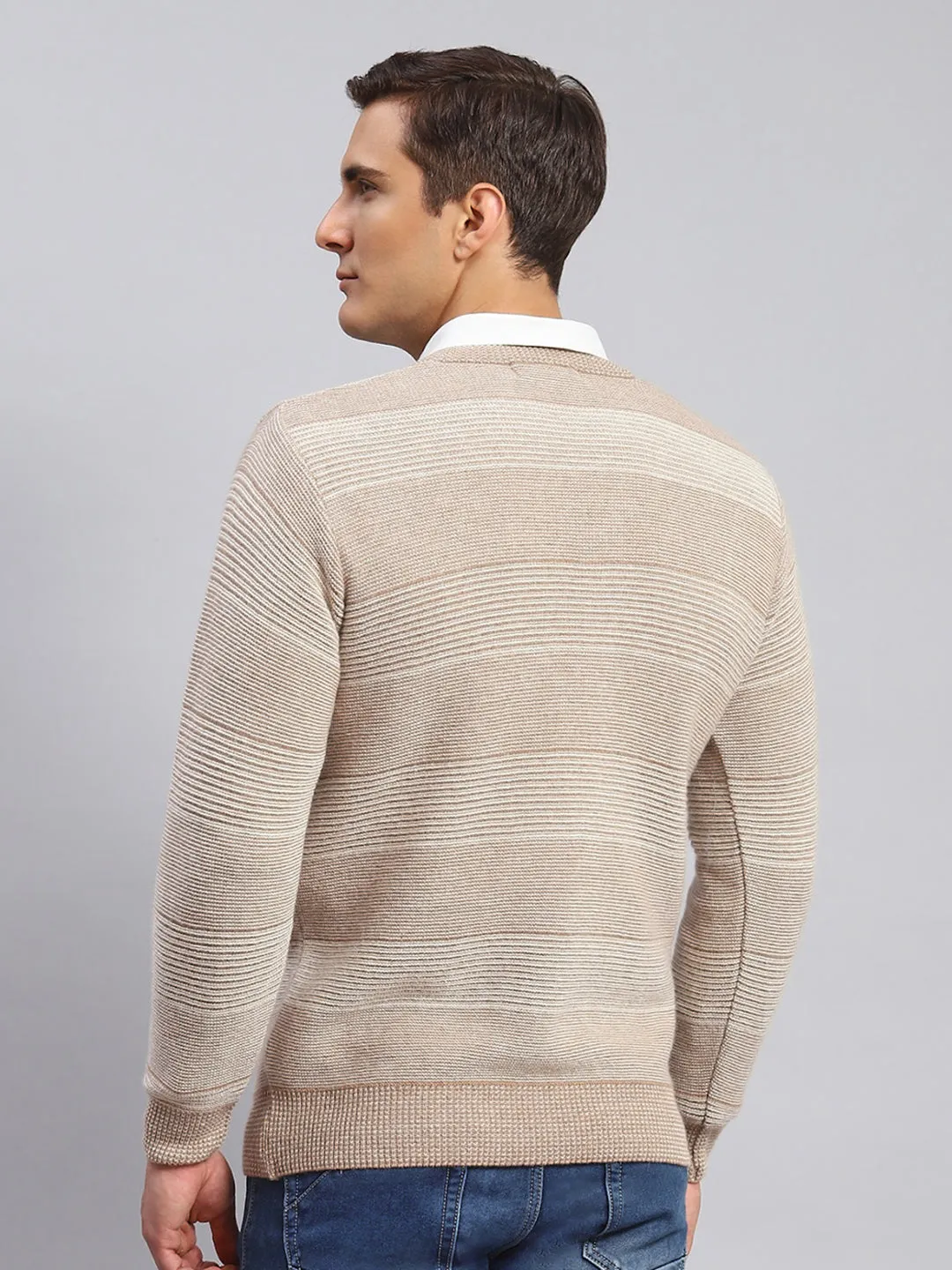 Men Beige Jaquard Lamb wool Pullover