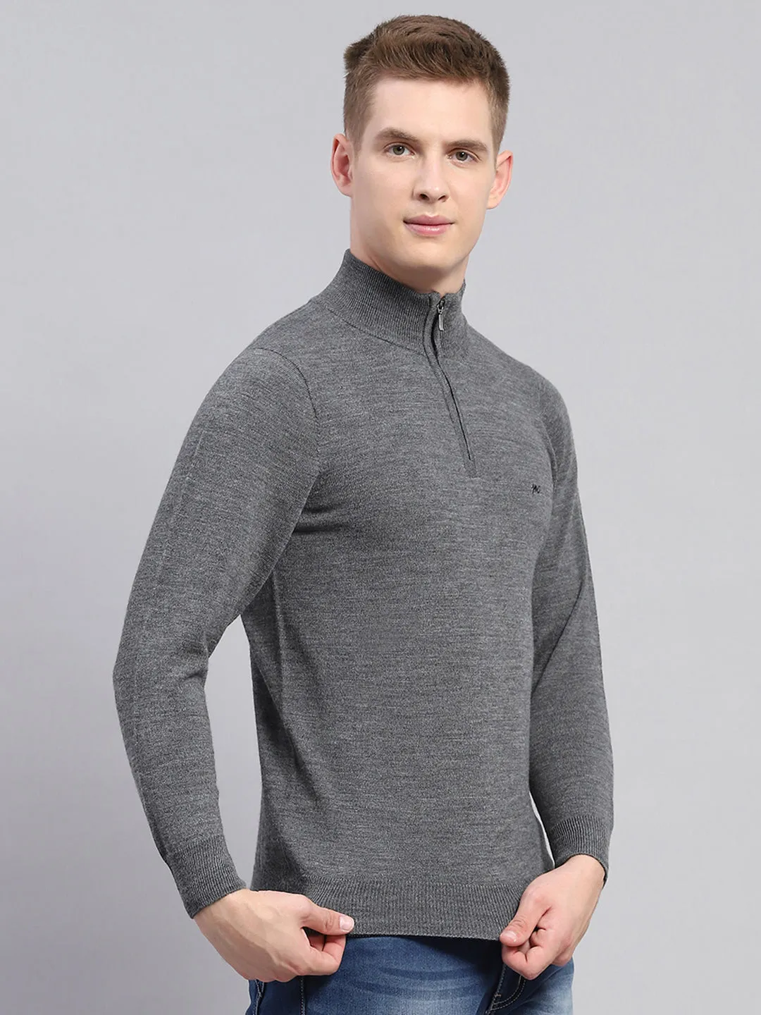 Men Grey Solid Mock Neck Full Sleeve Pullover