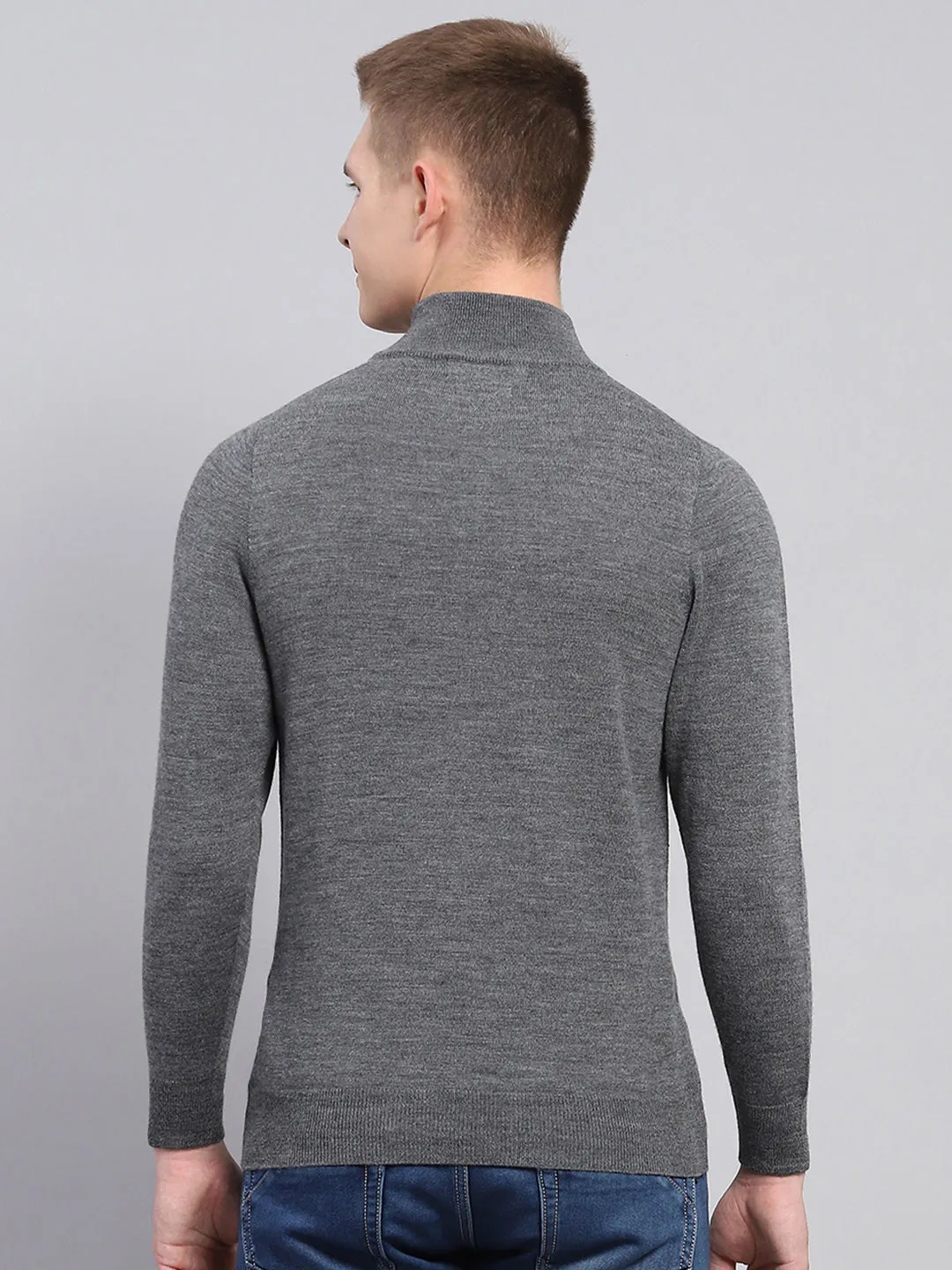 Men Grey Solid Mock Neck Full Sleeve Pullover