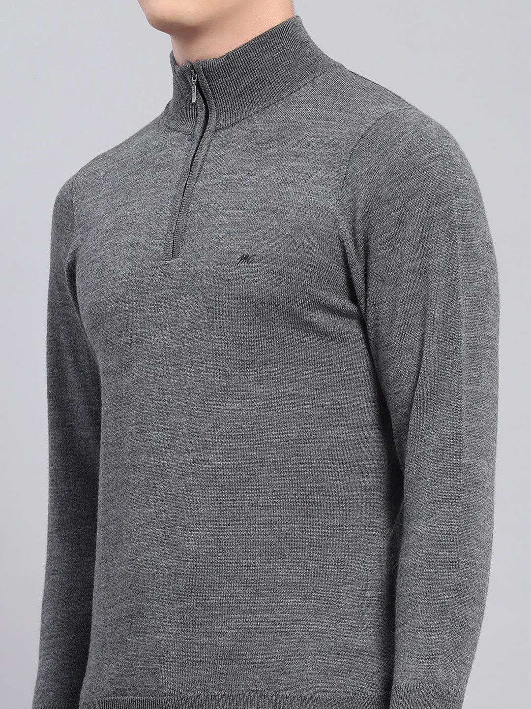 Men Grey Solid Mock Neck Full Sleeve Pullover