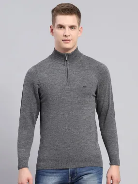 Men Grey Solid Mock Neck Full Sleeve Pullover