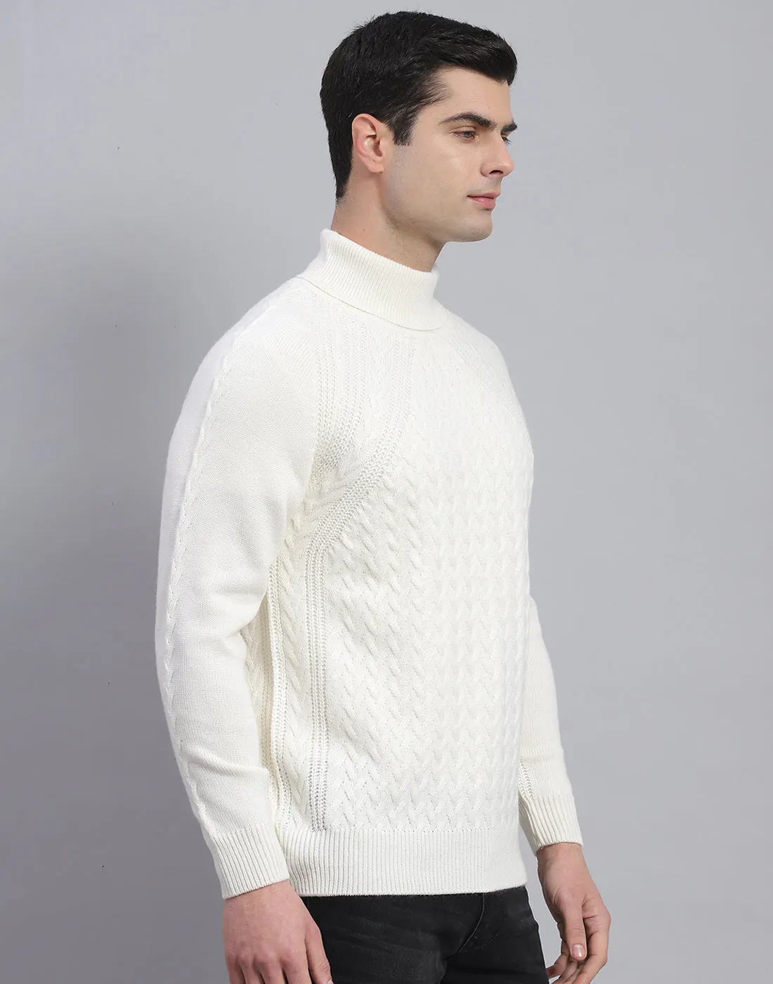 Men White Solid High Neck Full Sleeve Pullover