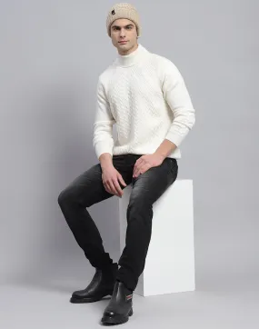 Men White Solid High Neck Full Sleeve Pullover